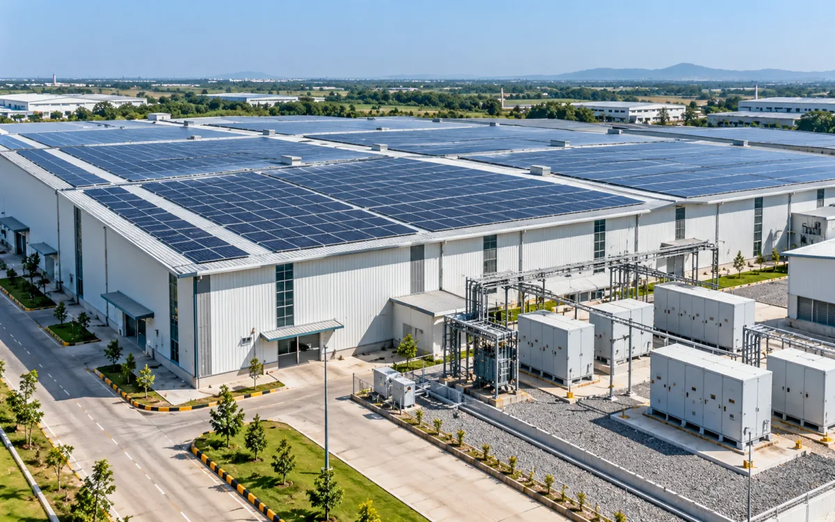 Solar panels installed across an industrial building rooftop