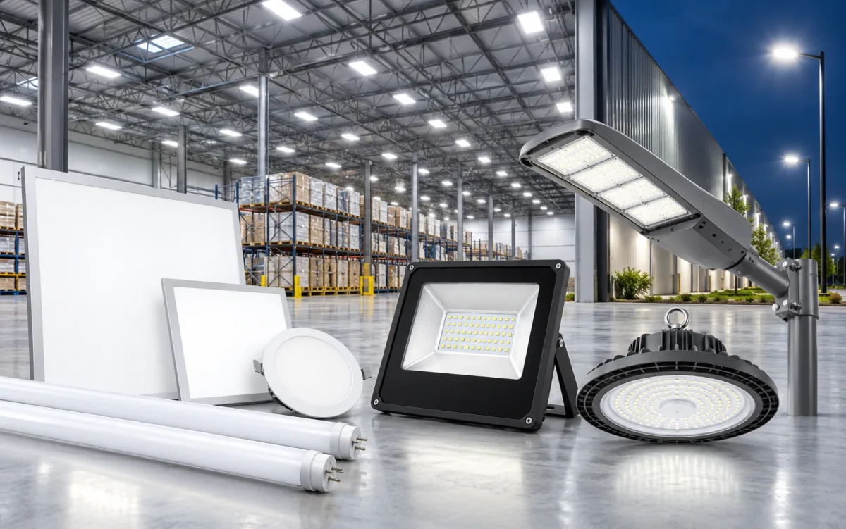 Energy efficient LED panel, tube, flood and industrial lights in a commercial setting