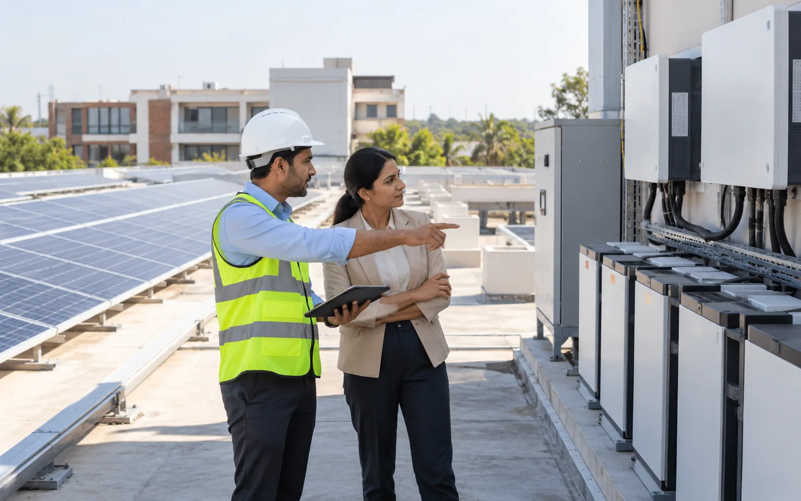 Solar engineer consulting with a customer beside a tailored rooftop solar and battery control solution