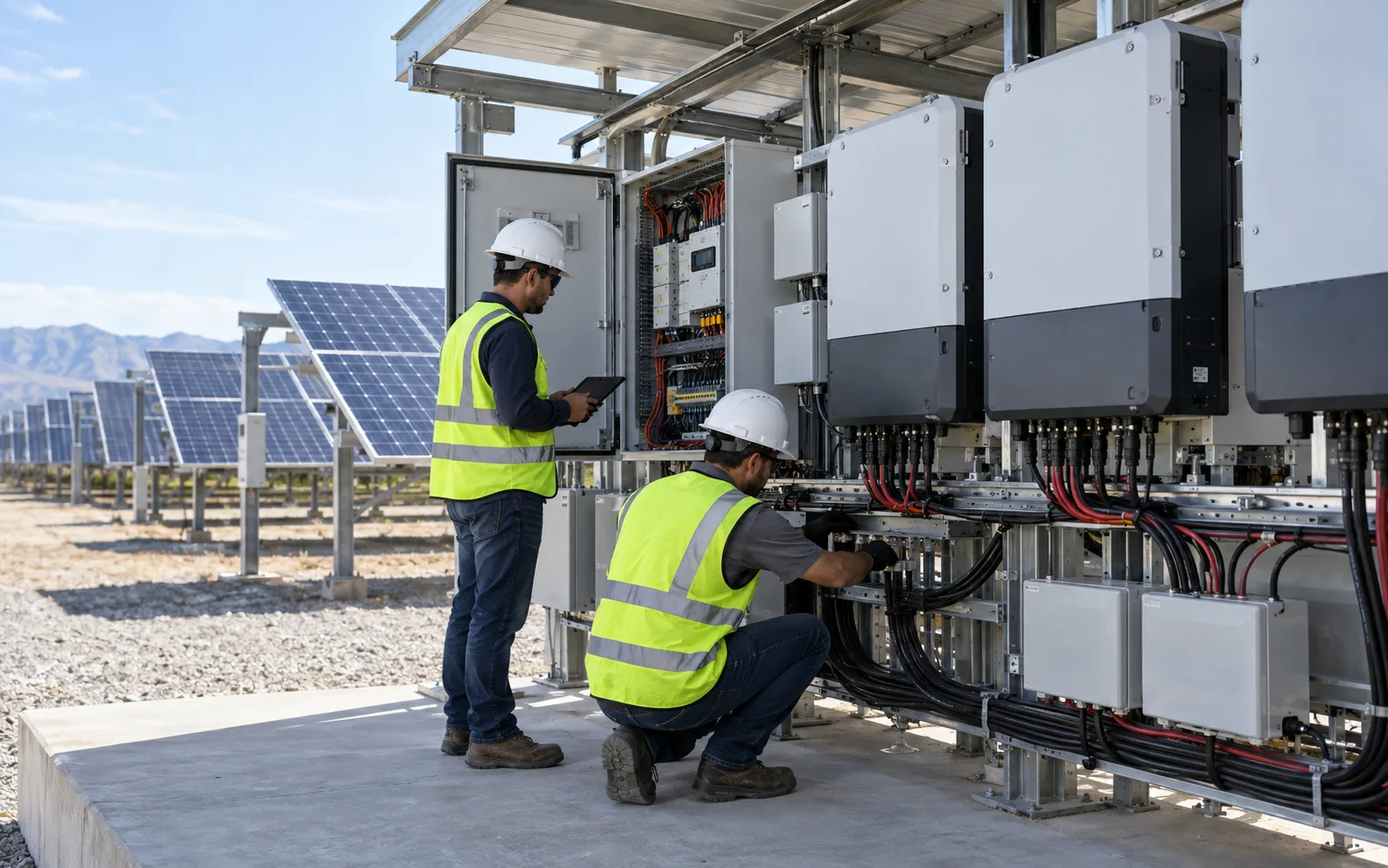 Technicians integrating solar inverters, control cabinets and wiring with a solar PV array