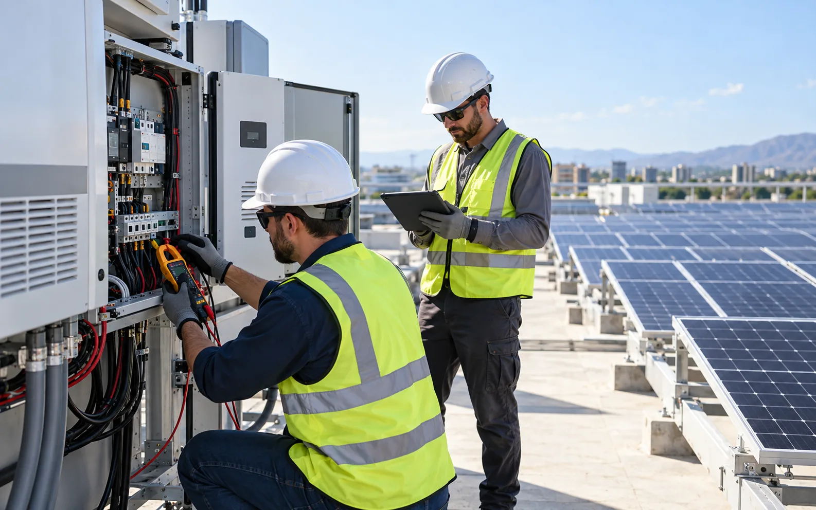 Solar technicians commissioning a completed rooftop system with testing equipment and control panels