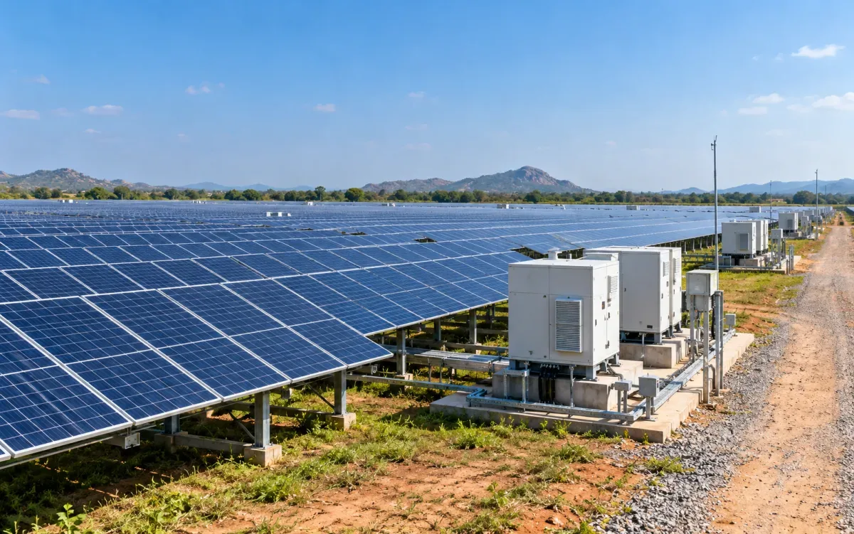 Large-scale solar power plant with rows of solar panels and inverter infrastructure