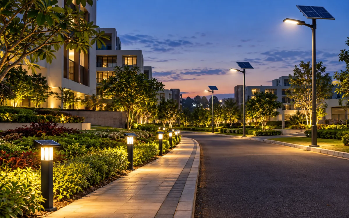 Solar street and garden lights illuminating a landscaped campus pathway at dusk